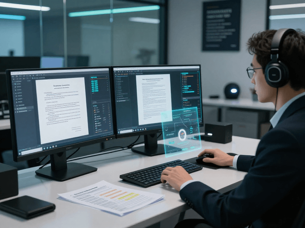 Engaging scene illustrating document fraud detection analysis in a high-tech workspace with multiple monitors showcasing real-time data verification.