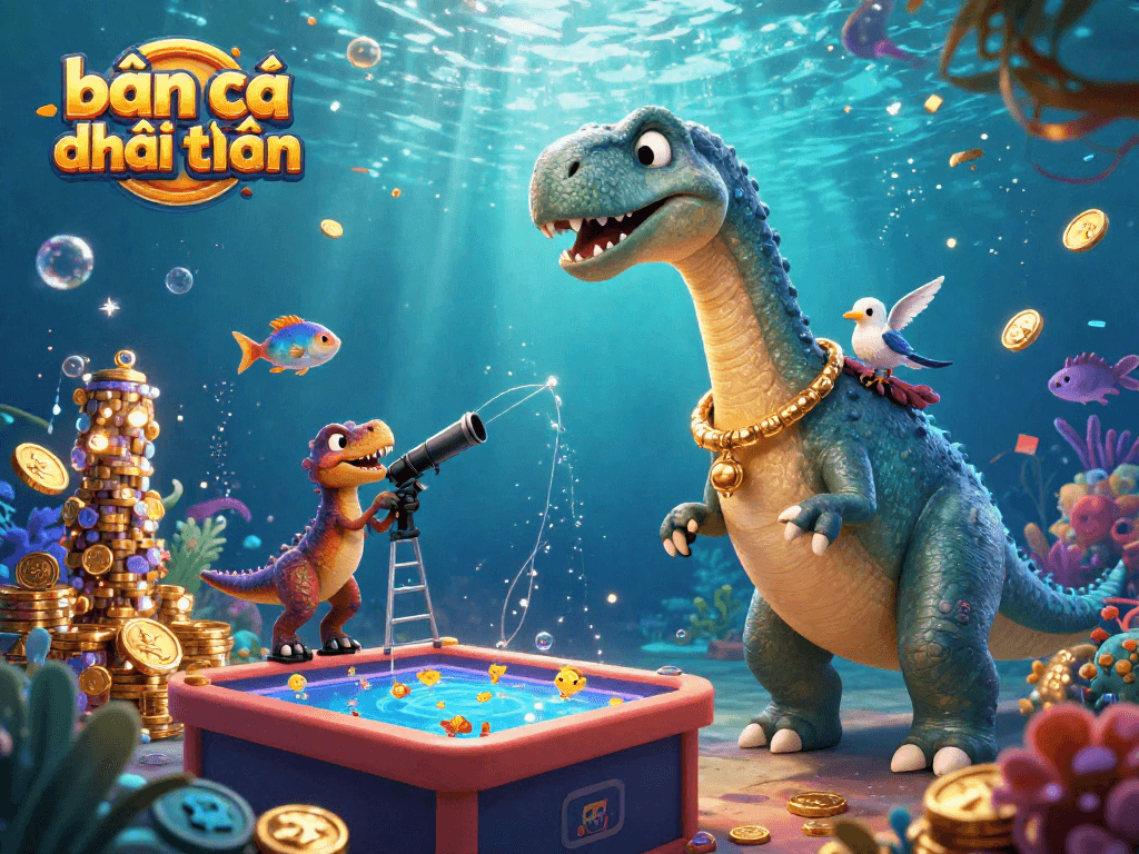 Experience bắn cá đổi thưởng with a vibrant 3D scene of dynamic characters and lively fishing action.