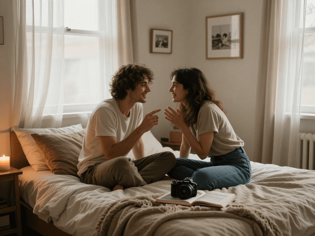 Couple engaging in ai dirty talk in a cozy, intimate bedroom setting.