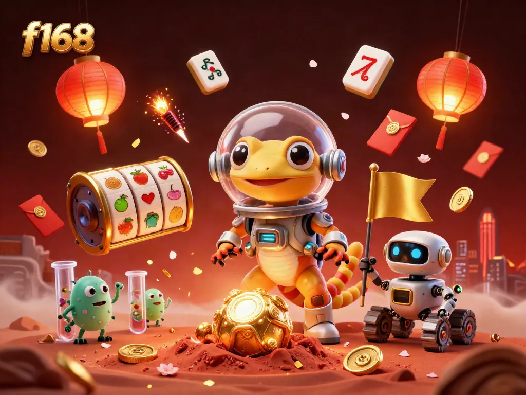 Experience the immersive f168 casino adventure with a Martian gecko amidst golden slot reels and lanterns.