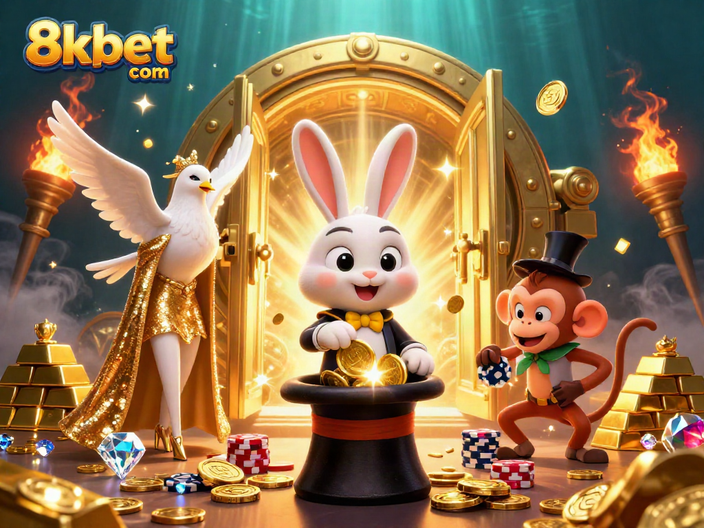 Experience thrilling gaming with 8xbet com, featuring a magician rabbit and sparkling treasures.