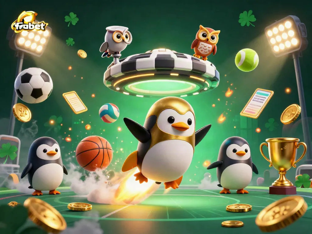 Fabet offers a thrilling gaming experience with dynamic sports elements and a golden penguin mascot.