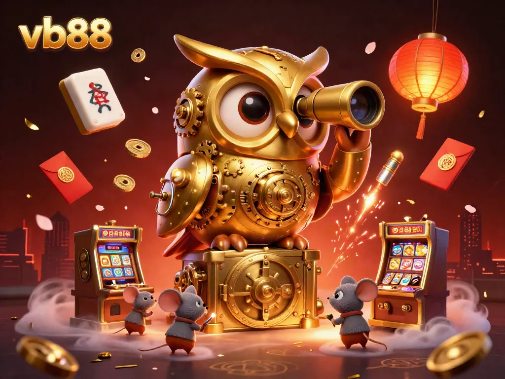 Experience vb88's thrilling casino atmosphere with a lively scene featuring a clockwork owl and adorable patrons.