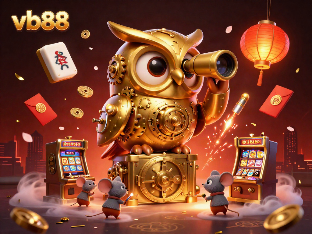 Experience vb88's thrilling casino atmosphere with a lively scene featuring a clockwork owl and adorable patrons.