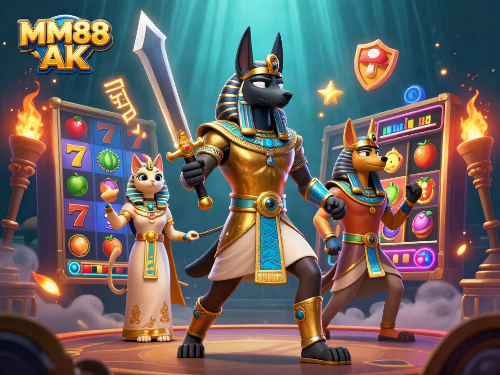 Experience thrilling gaming action with MM88 AK amid vibrant slot reels and ancient Egyptian warriors.