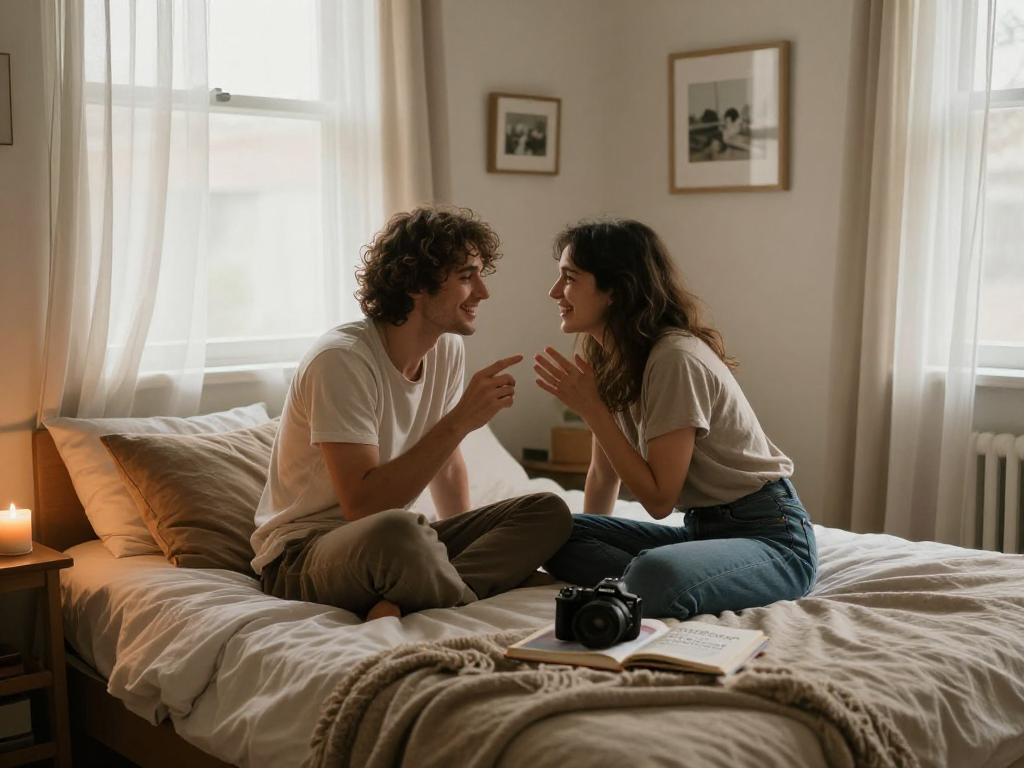 Couple engaging in ai dirty talk in a cozy, intimate bedroom setting.