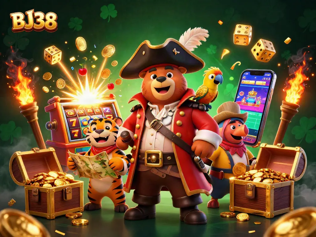 Bet big with BJ38 in an exciting 3D pirate-themed casino scene featuring jackpots and gold.