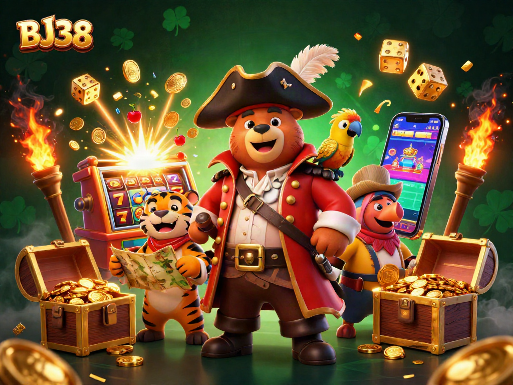 Bet big with BJ38 in an exciting 3D pirate-themed casino scene featuring jackpots and gold.
