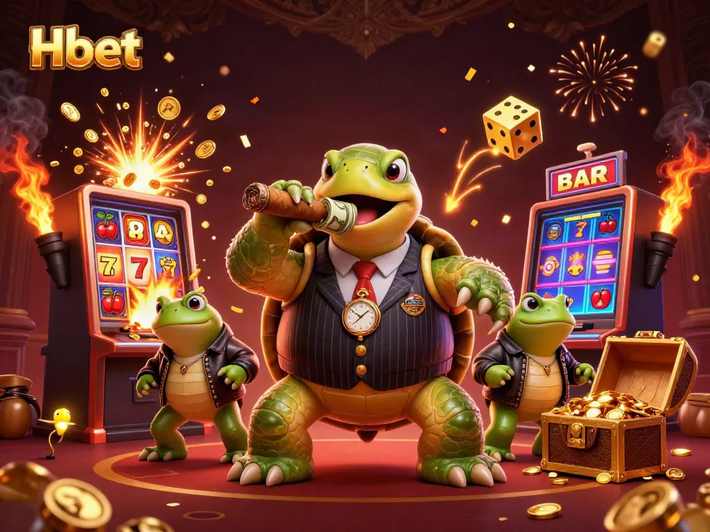 Experience the thrill of Hbet gaming with a vibrant 3D illustration featuring a turtle mobster and bullfrogs in a casino setting.