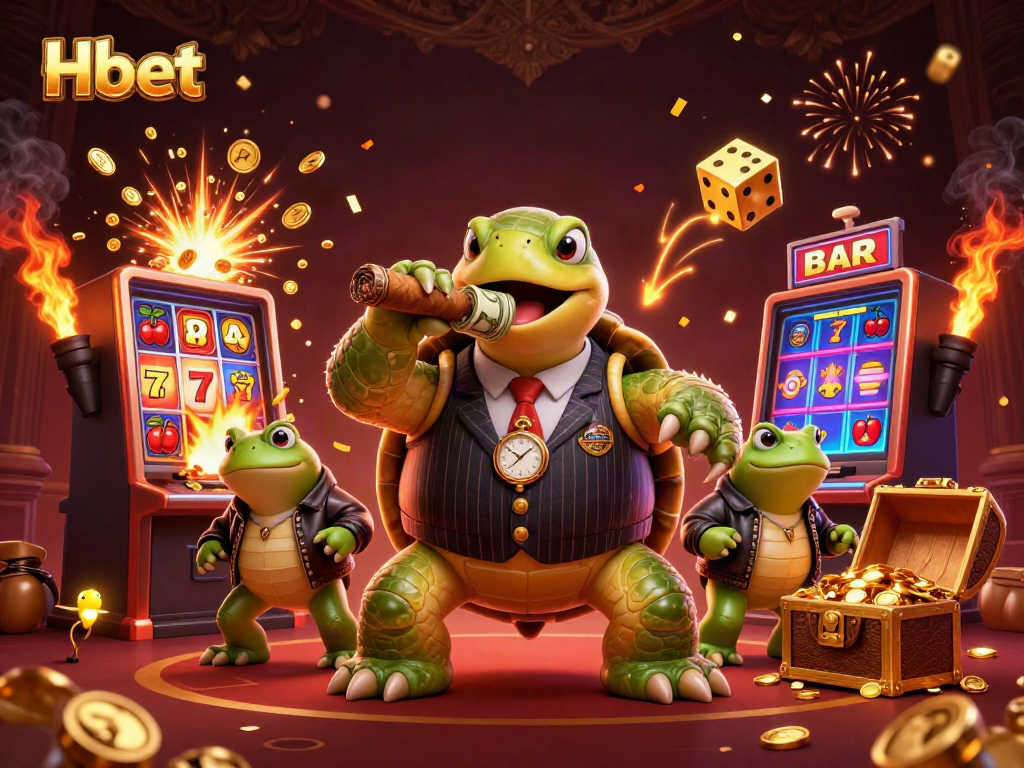 Experience the thrill of Hbet gaming with a vibrant 3D illustration featuring a turtle mobster and bullfrogs in a casino setting.