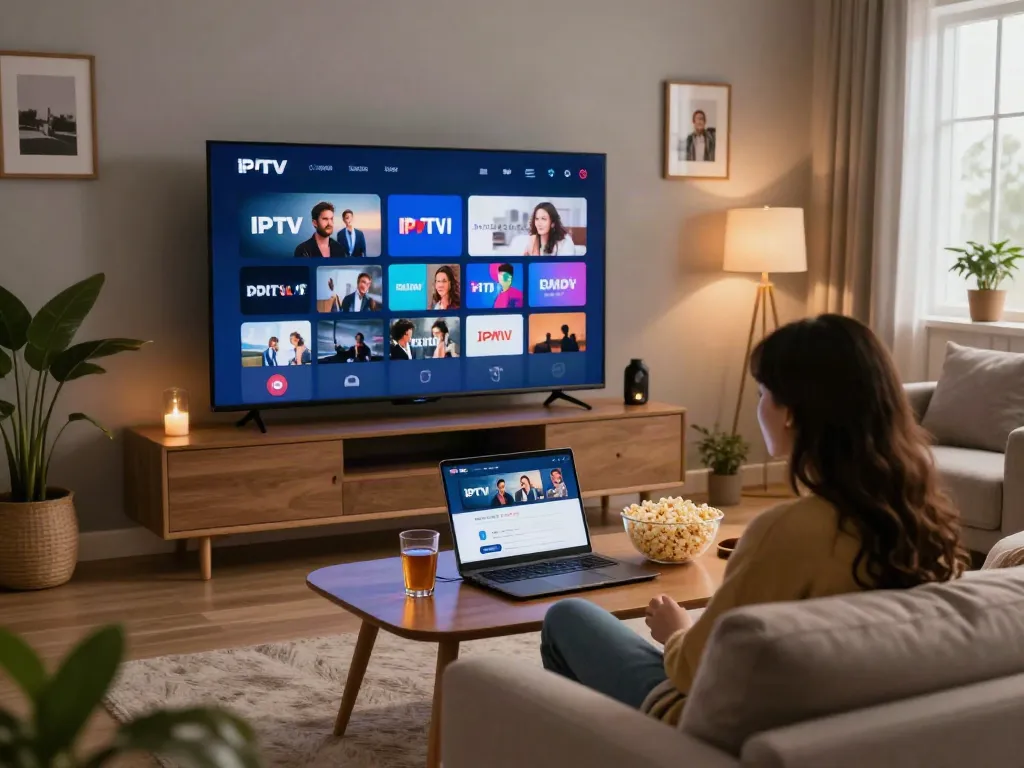 Couple enjoying iptv italia channels on Smart TV in a cozy living room.