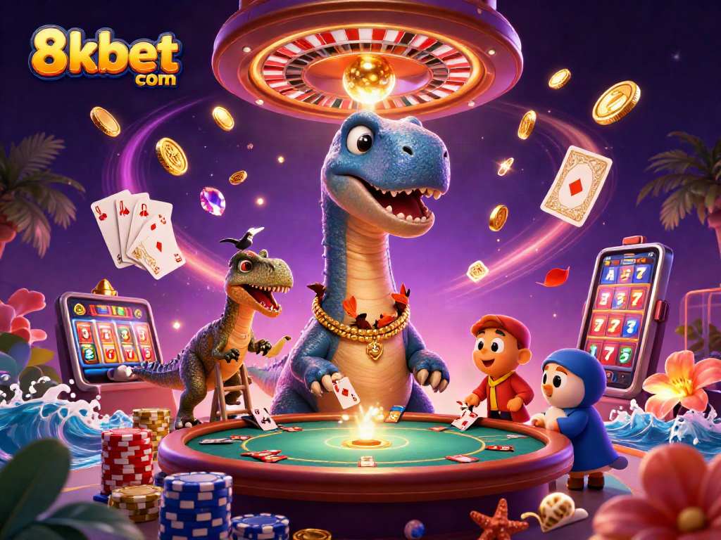 Join the excitement at 8kbet com with a vibrant casino scene of a dinosaur and raptor dealing cards.