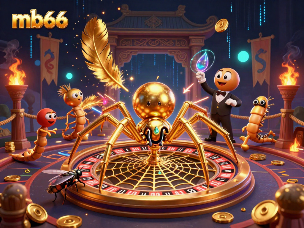 mb66 spider spins roulette wheel in vibrant casino illustration with dynamic elements and characters