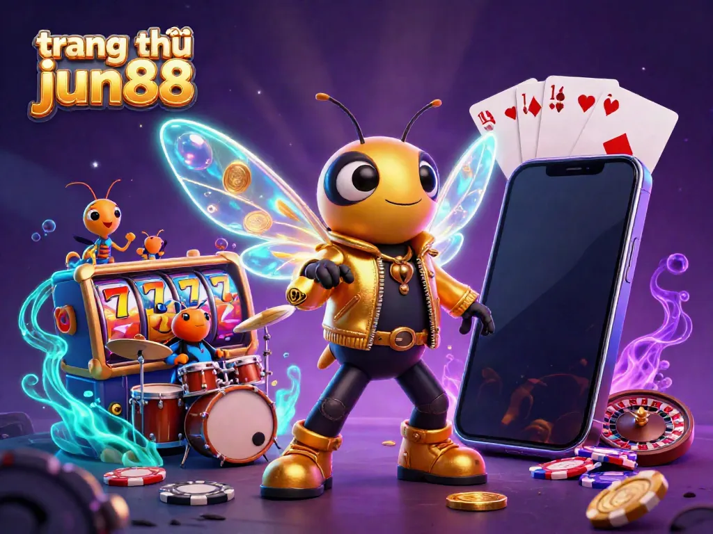 Experience thrilling gameplay at trang chủ jun88 with a dynamic casino scene featuring colorful slot elements and digital characters.