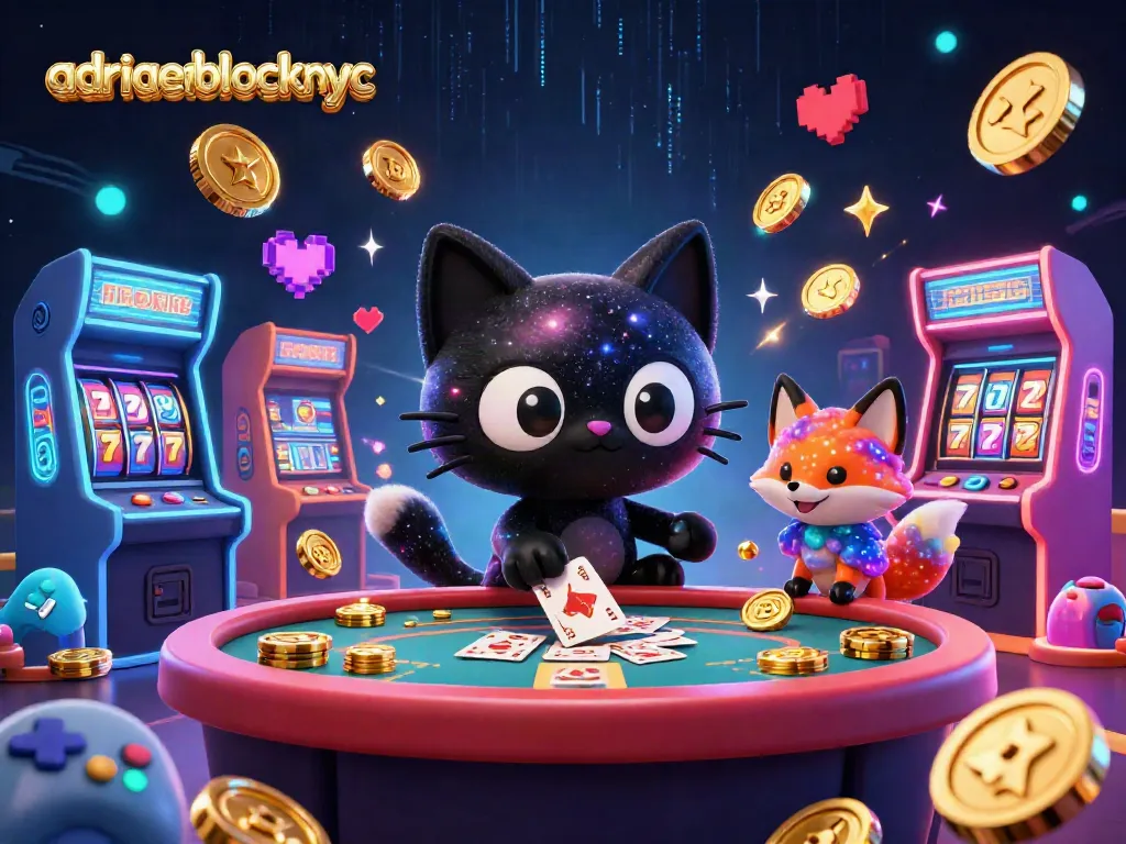 Play games at adriaenblocknyc with a cosmic casino scene featuring a black hole cat and a nebula fox.
