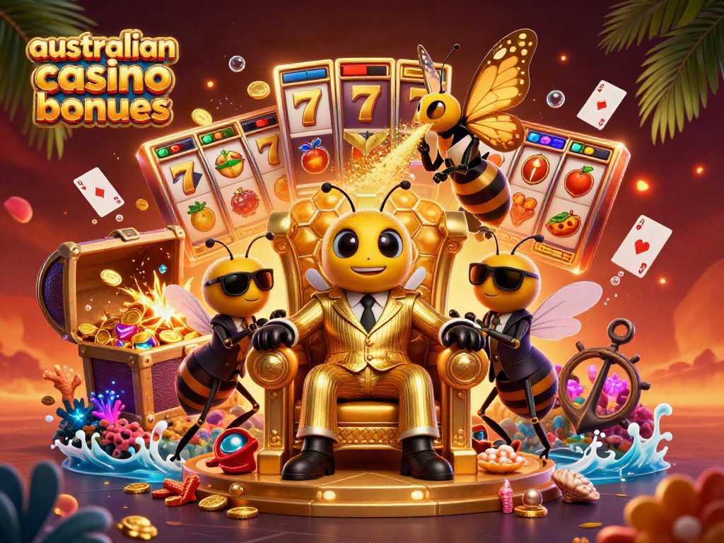 Experience top australian casino bonuses represented by a bumblebee mob boss and vibrant gambling elements.