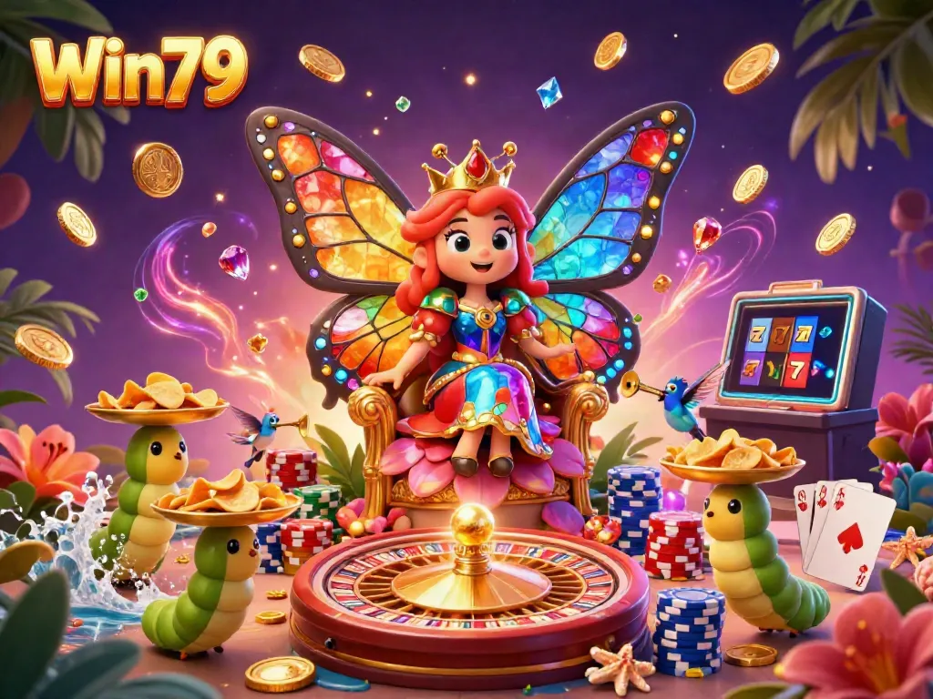 Win79 features vibrant gameplay with a butterfly queen, chips, and thrilling casino elements.