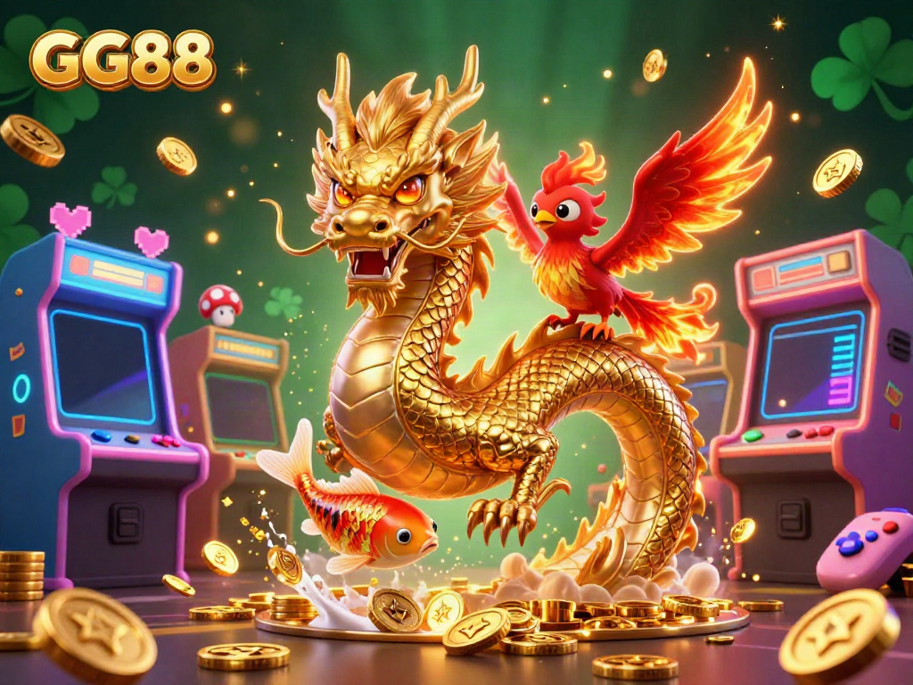Experience the thrill of GG88 with a fierce dragon, phoenix, and koi fish amidst vibrant casino elements.
