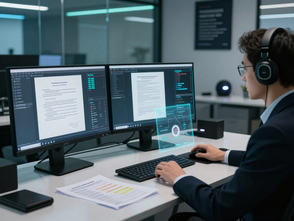 Engaging scene illustrating document fraud detection analysis in a high-tech workspace with multiple monitors showcasing real-time data verification.
