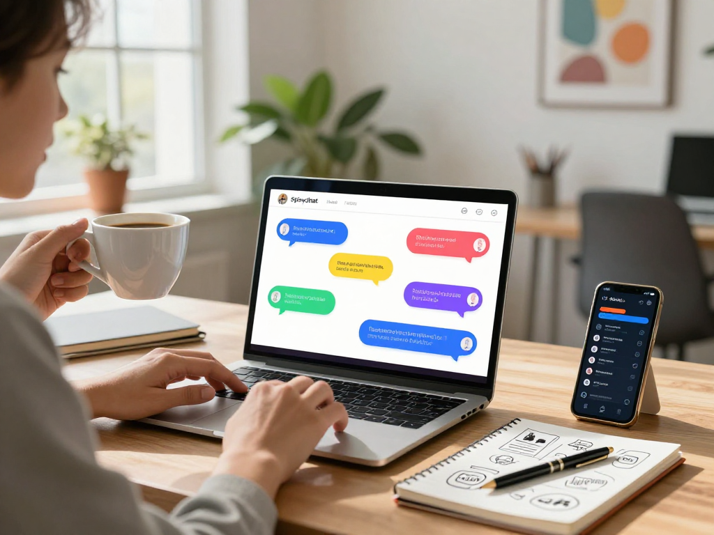 User engaging with a spicychat interface in a bright workspace, showcasing a modern digital communication setup.