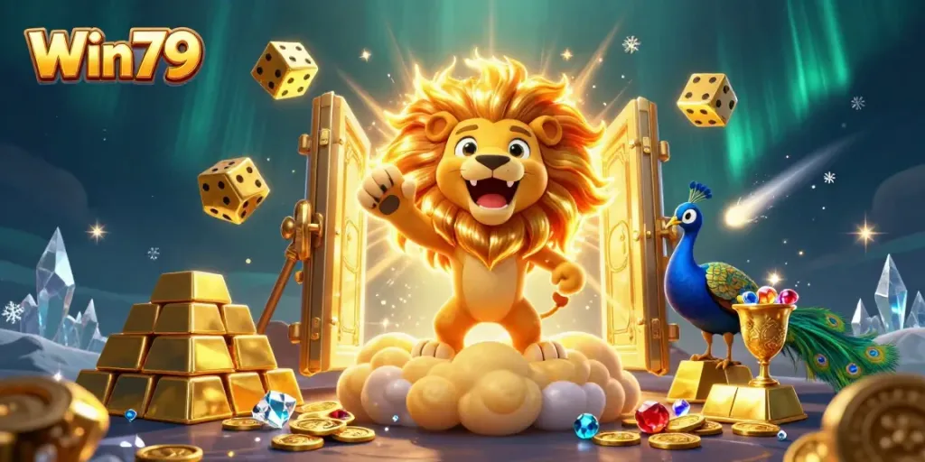 Experience thrilling wins with Win79 against a backdrop of golden treasures and vibrant casino elements.