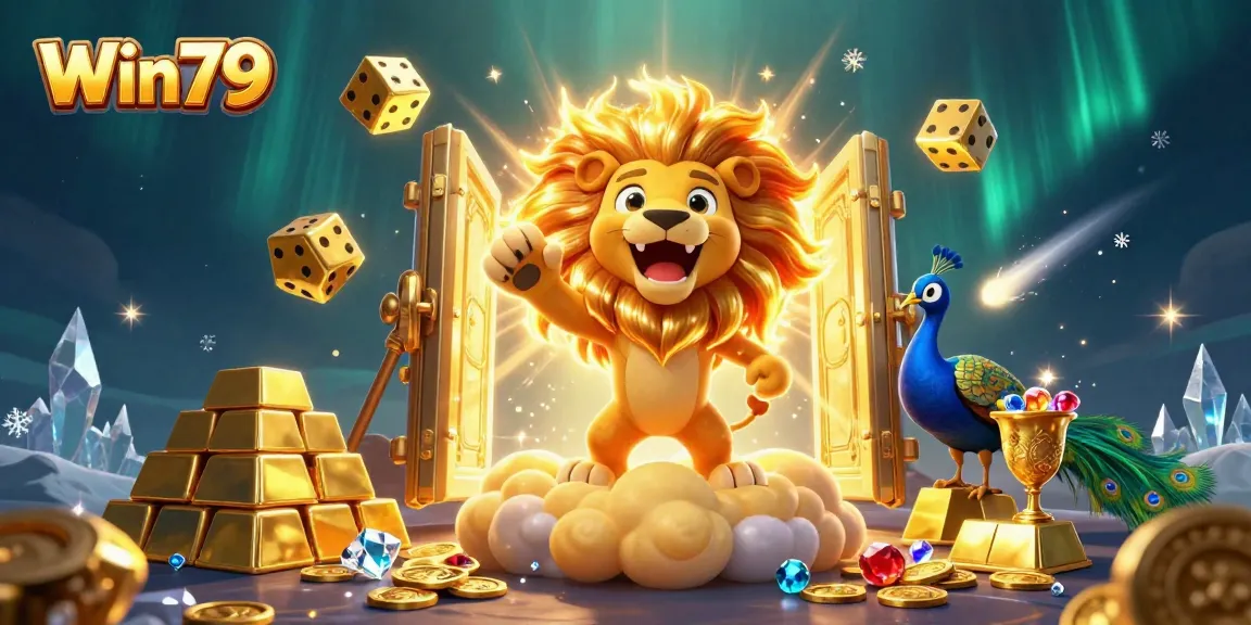 Experience thrilling wins with Win79 against a backdrop of golden treasures and vibrant casino elements.